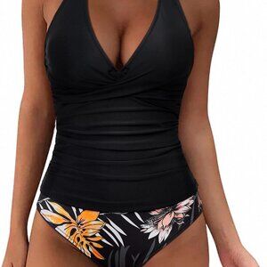 Women Sexy Halter Tankini Bathing Suit - Slimming Tummy Control Swimsuit in Retr